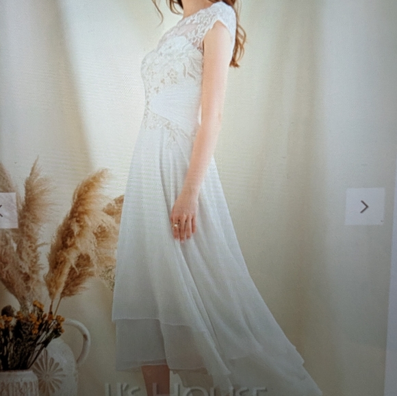 Brand new A line scoop neck asymmetrical chiffon lace wedding dress - Picture 7 of 10